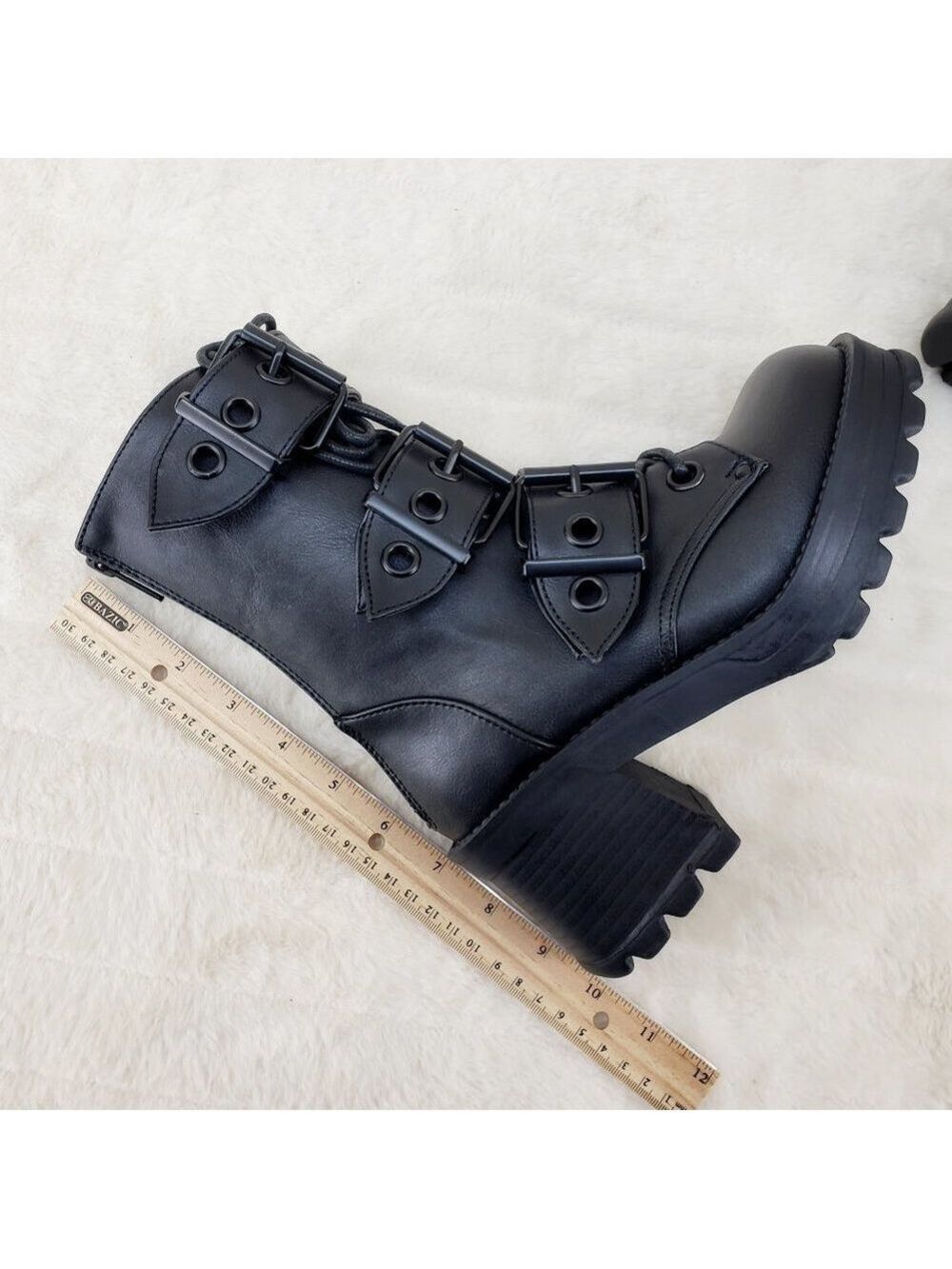 Bratty Goth 3 Big Buckle Strap Block Heel Combat Ankle Boots Punk Rock - Picture 14 of 15